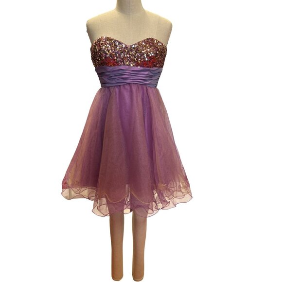 Strapless Sequined Chicas Dress S Purple Tulle & Satin Made In China Short Prom - Picture 1 of 9